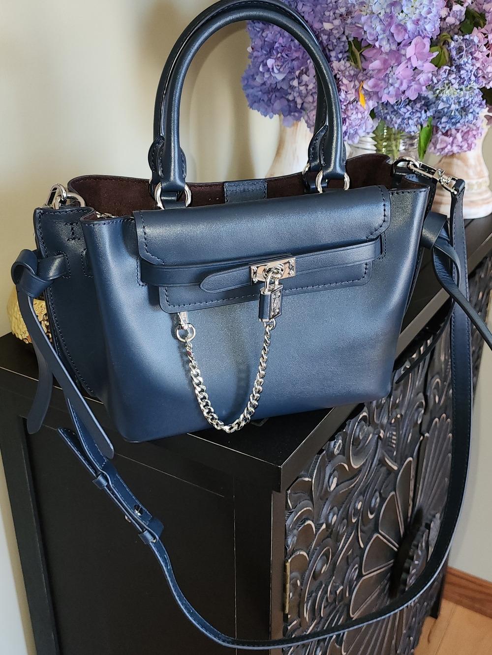 Michael Kors Navy Leather Satchel with Silver Chain Detail